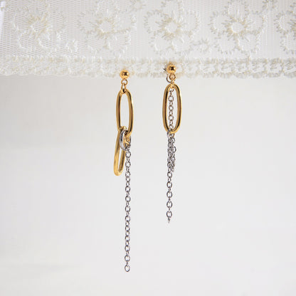18K Gold and Silver Two Tone Paperclip Chain Mismatched Dangle Drop Stud Earrings