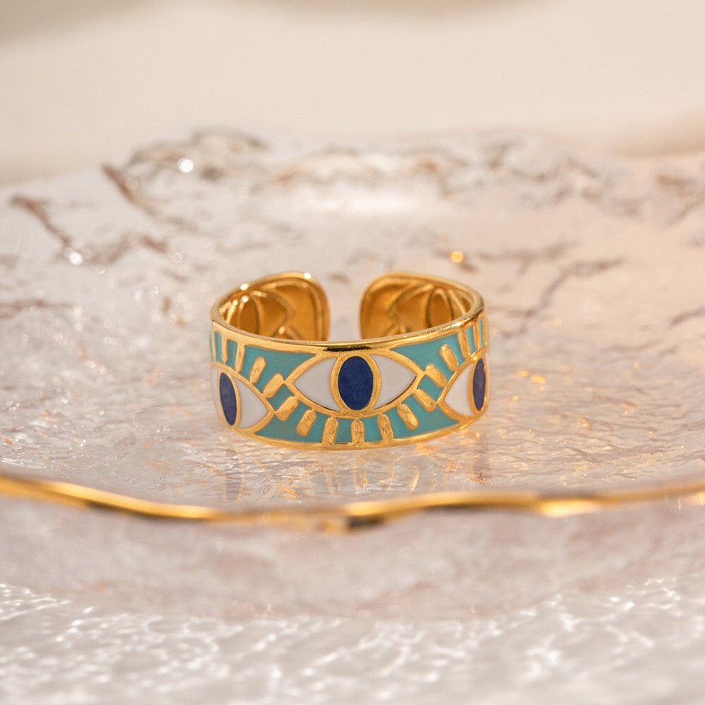 18K Gold Evil Eye Protection Band Ring