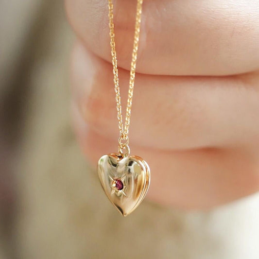 14K Birthstone Heart Locket Pendant Necklace - 