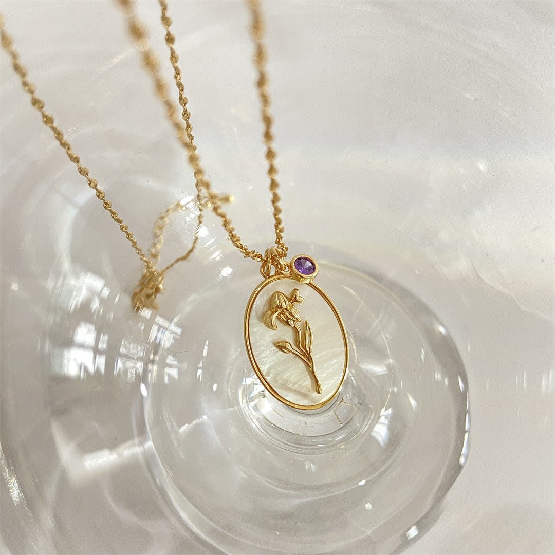 14K Gold Birthstone Birth Flower Pendant Necklace - 