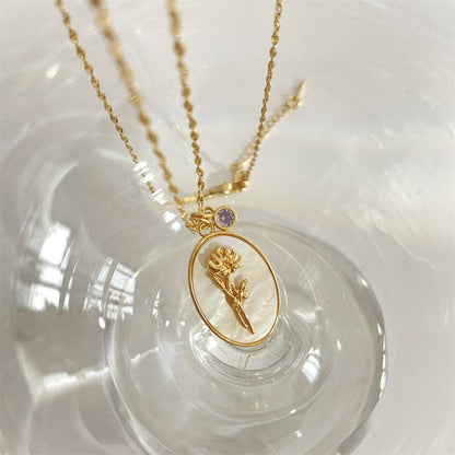 14K Gold Birthstone Birth Flower Pendant Necklace - 