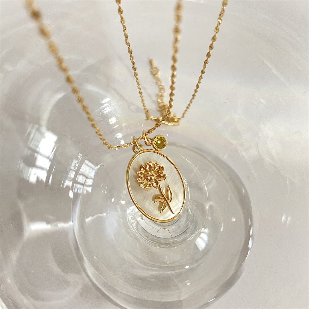 14K Gold Birthstone Birth Flower Pendant Necklace - 