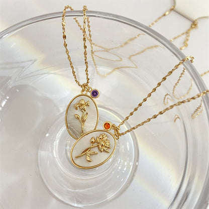 14K Gold Birthstone Birth Flower Pendant Necklace - 