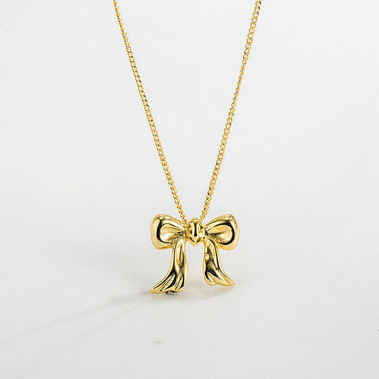 14K Gold Coquette Bow Pendant Necklace - 