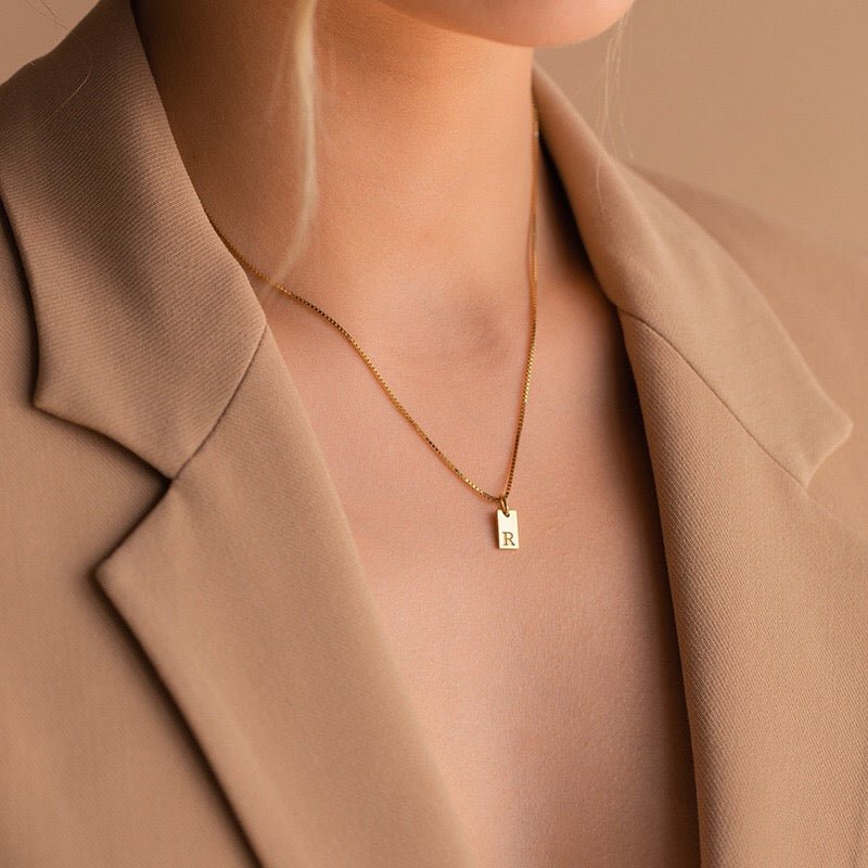 14K Gold Minimalist Initial Bar Necklace - 