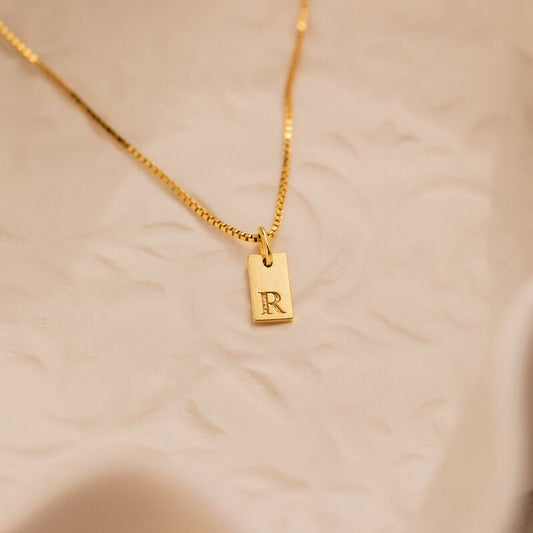 14K Gold Minimalist Initial Bar Necklace - 