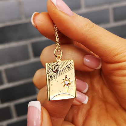 14K Starry Book Pendant Necklace - 