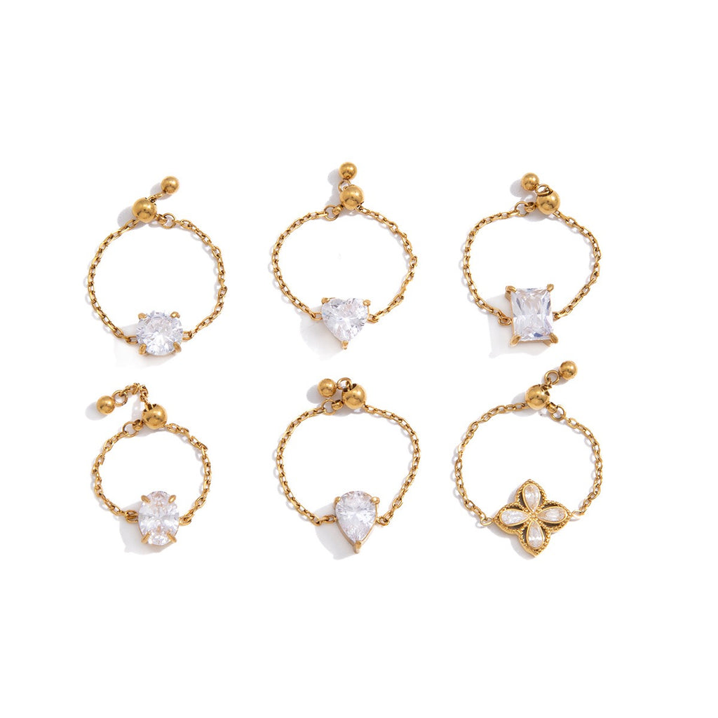 18K Gold Spark Drop Heart Clover Flower Adjustable Chain Ring