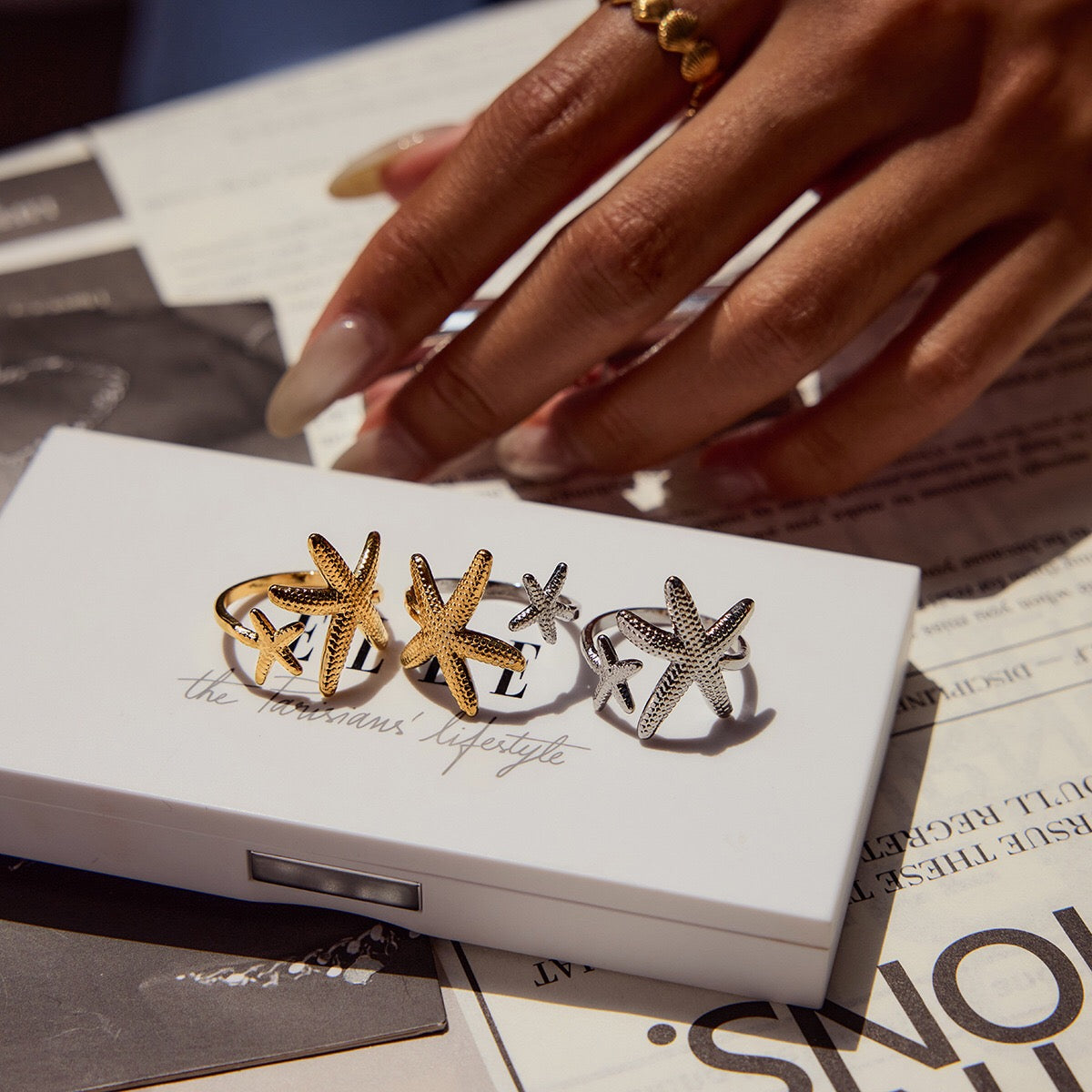 18K Gold and Silver Two Tone Coastal Glow Seashell Starfish Cuff Ring