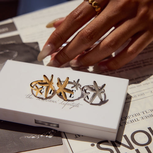 18K Gold and Silver Two Tone Coastal Glow Seashell Starfish Cuff Ring