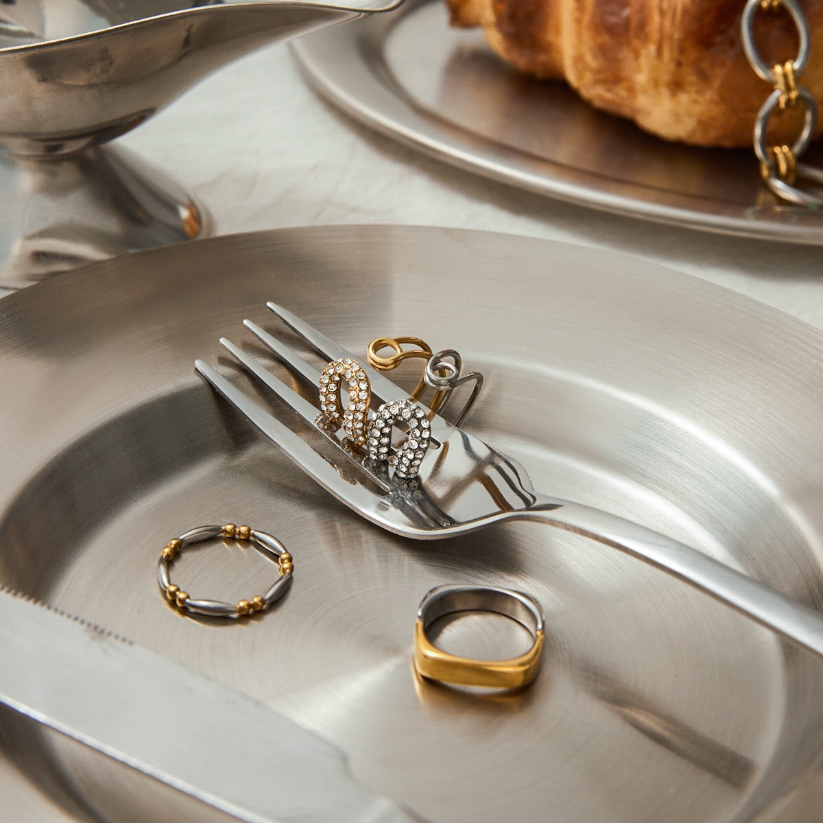 18K Gold Bejeweled Safety Pin Cuff Stacking Ring