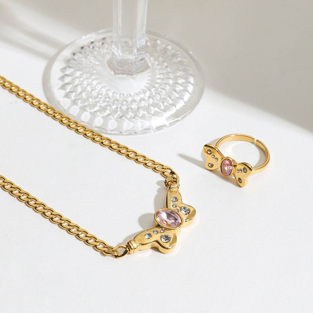 18K Gold Pink Butterfly Curb Chain Necklace