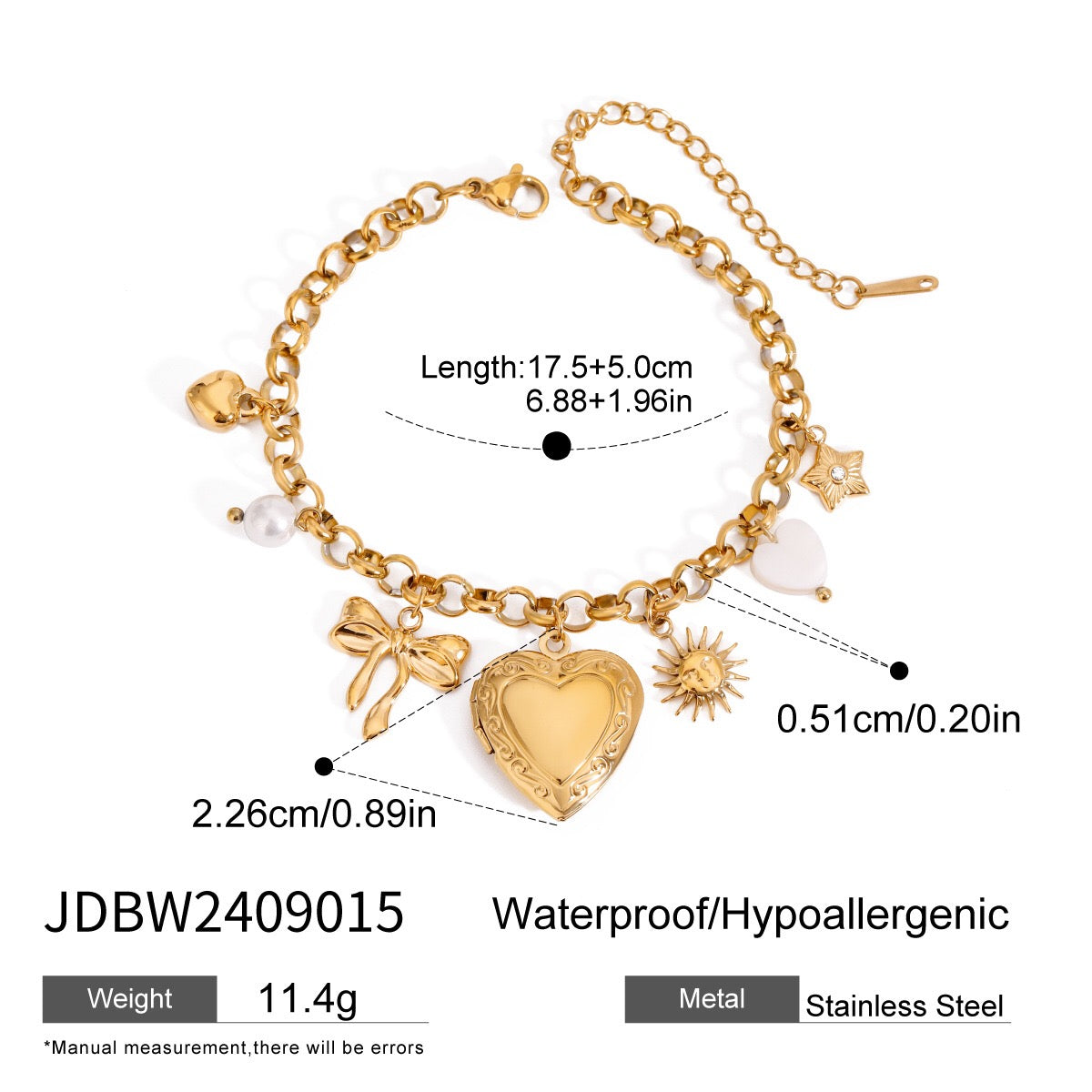 18K Gold Heart Locket Chunky Charm Bracelet