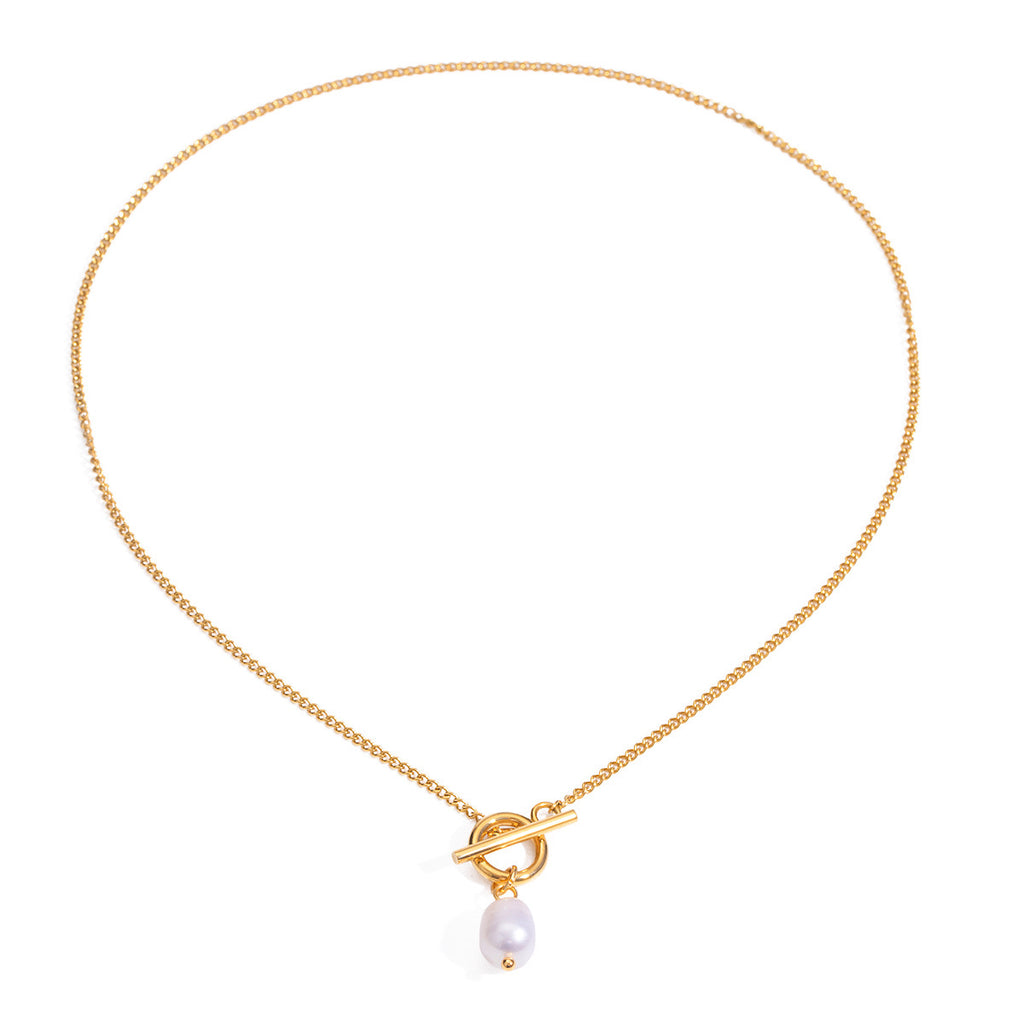 18K Gold Simple Pearl Pendant Toggle Chain Necklace