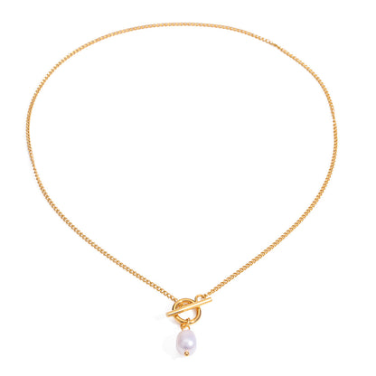 18K Gold Simple Pearl Pendant Toggle Chain Necklace