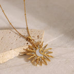 18K Gold Bright Sun Pendant Statement Long Necklace