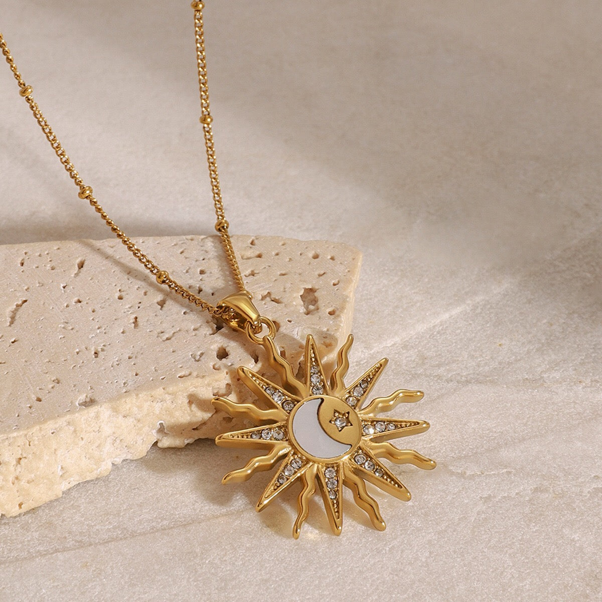 18K Gold Bright Sun Pendant Statement Long Necklace