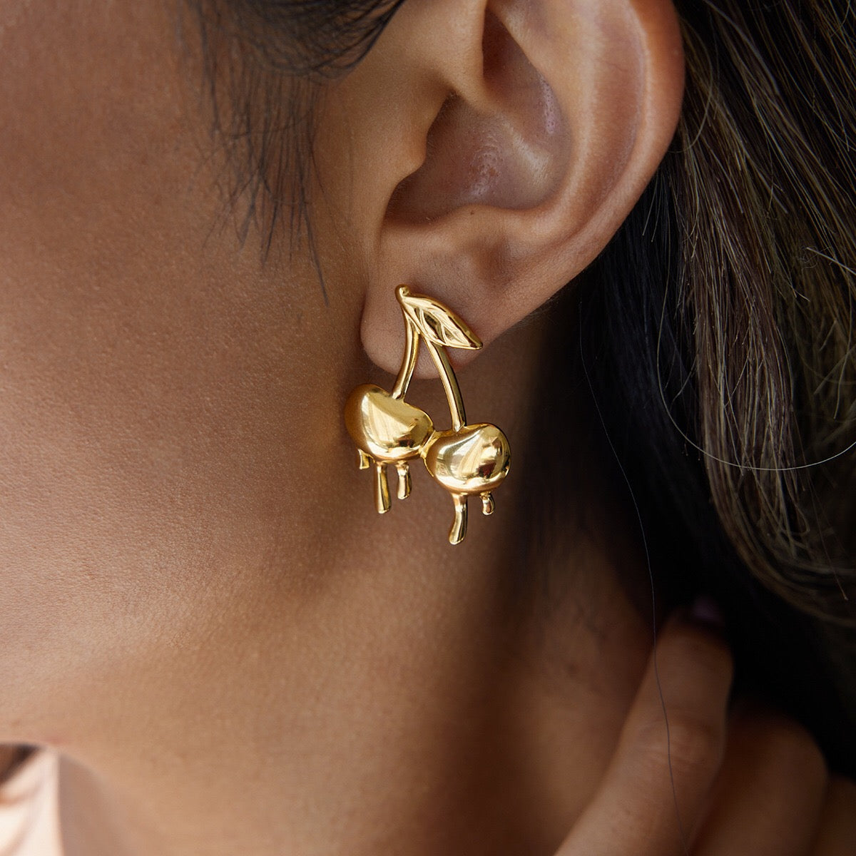 18K Gold Golden Drip Cherry Lips Star Statement Stud Earrings