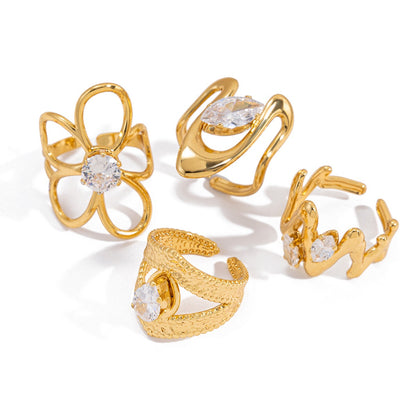 18K Gold Daily Glam Flower Heart CZ Statement Rings Set