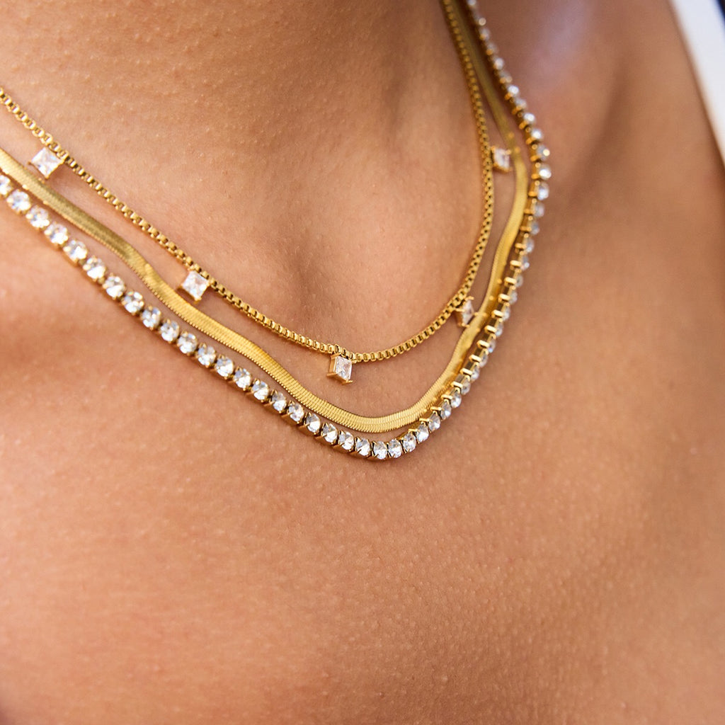 18K Gold Lavish Tennis Herringbone Snake Chain Dainty Layered Necklace Set