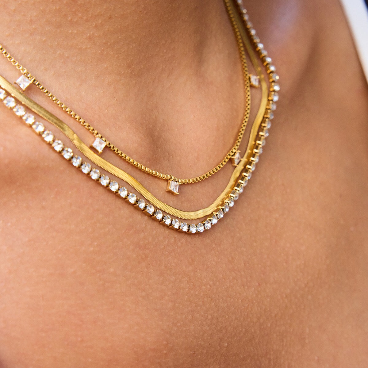 18K Gold Lavish Tennis Herringbone Snake Chain Dainty Layered Necklace Set