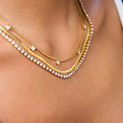 18K Gold Lavish Tennis Herringbone Snake Chain Dainty Layered Necklace Set