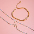 18K Gold Dreamy Bling Heart Bow Tennis Chain Bracelet Stack