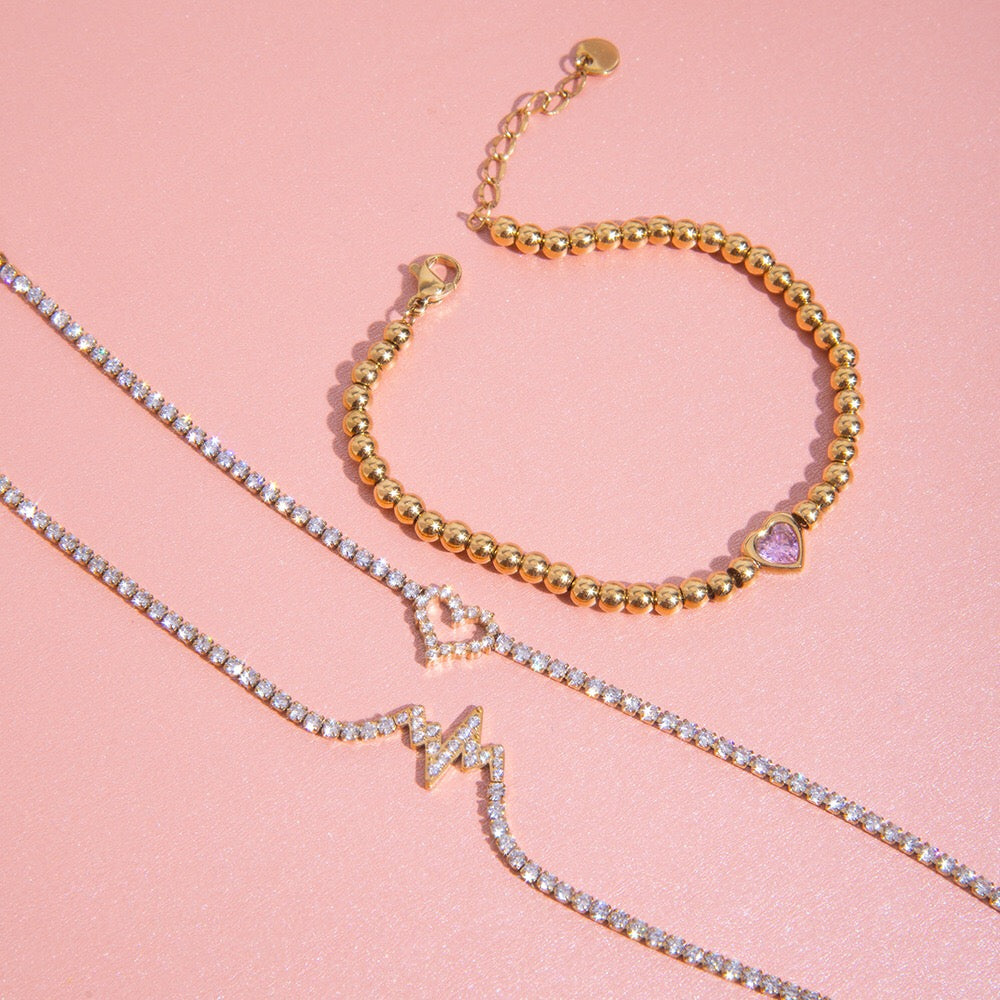 18K Gold Dreamy Bling Heart Bow Tennis Chain Bracelet Stack