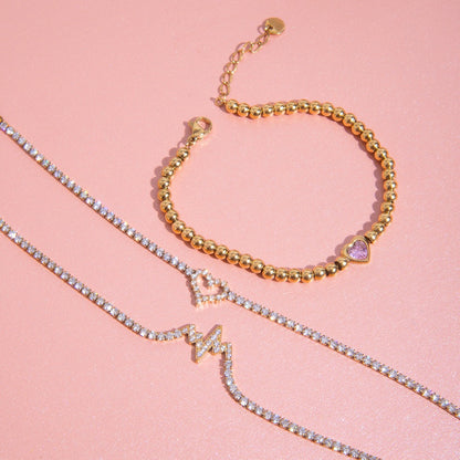 18K Gold Dreamy Bling Heart Bow Tennis Chain Bracelet Stack
