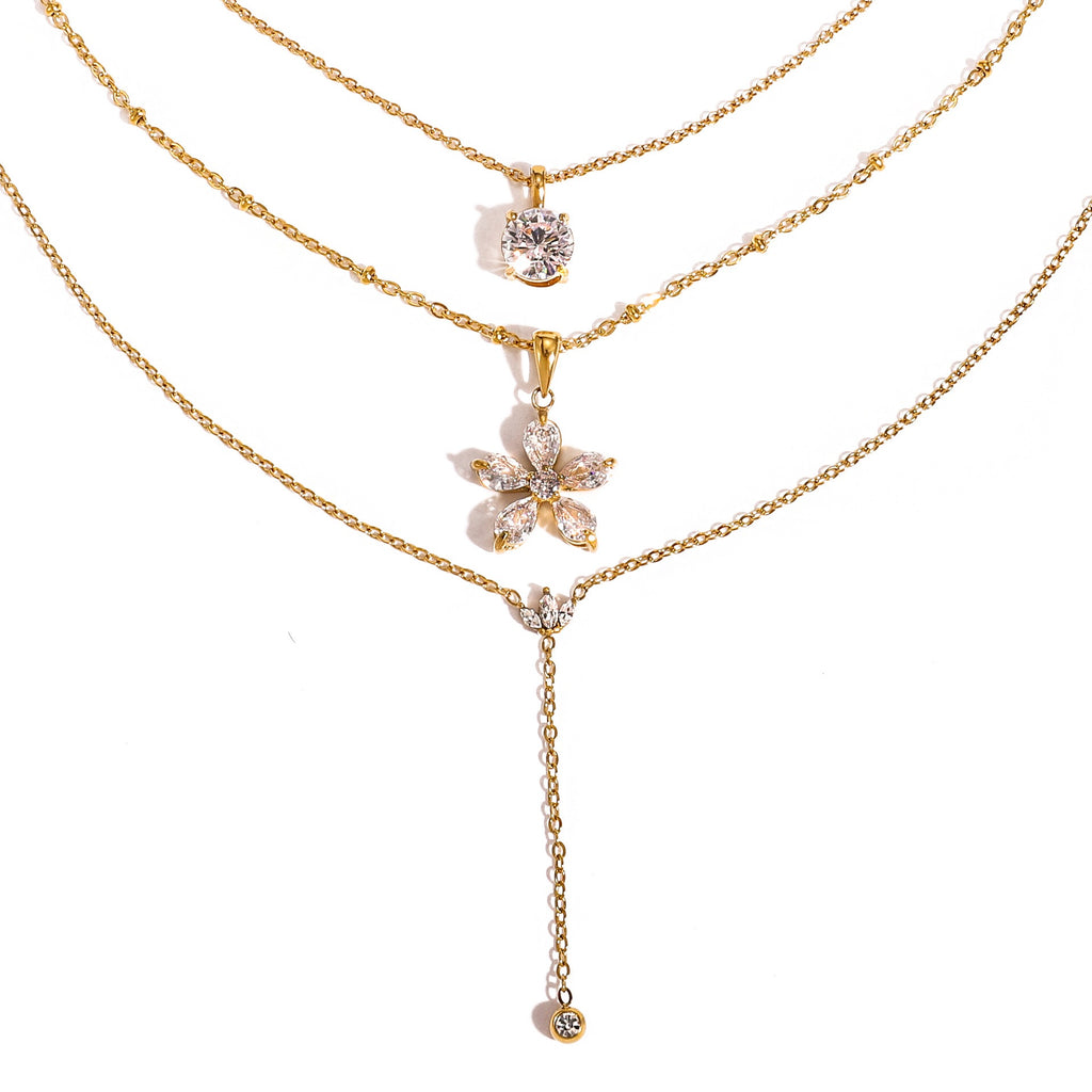 18K Gold Crystal Kiss Flower Pendant Lariat Layered Necklace Set