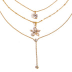 18K Gold Crystal Kiss Flower Pendant Lariat Layered Necklace Set
