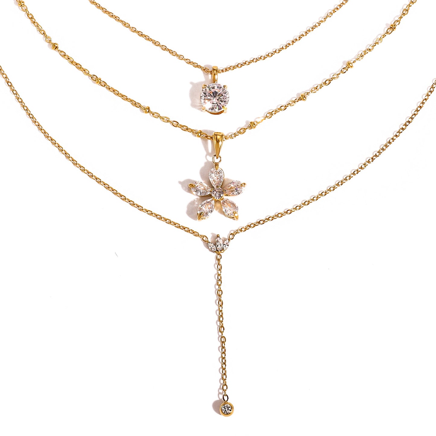 18K Gold Crystal Kiss Flower Pendant Lariat Layered Necklace Set