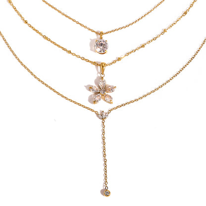 18K Gold Crystal Kiss Flower Pendant Lariat Layered Necklace Set
