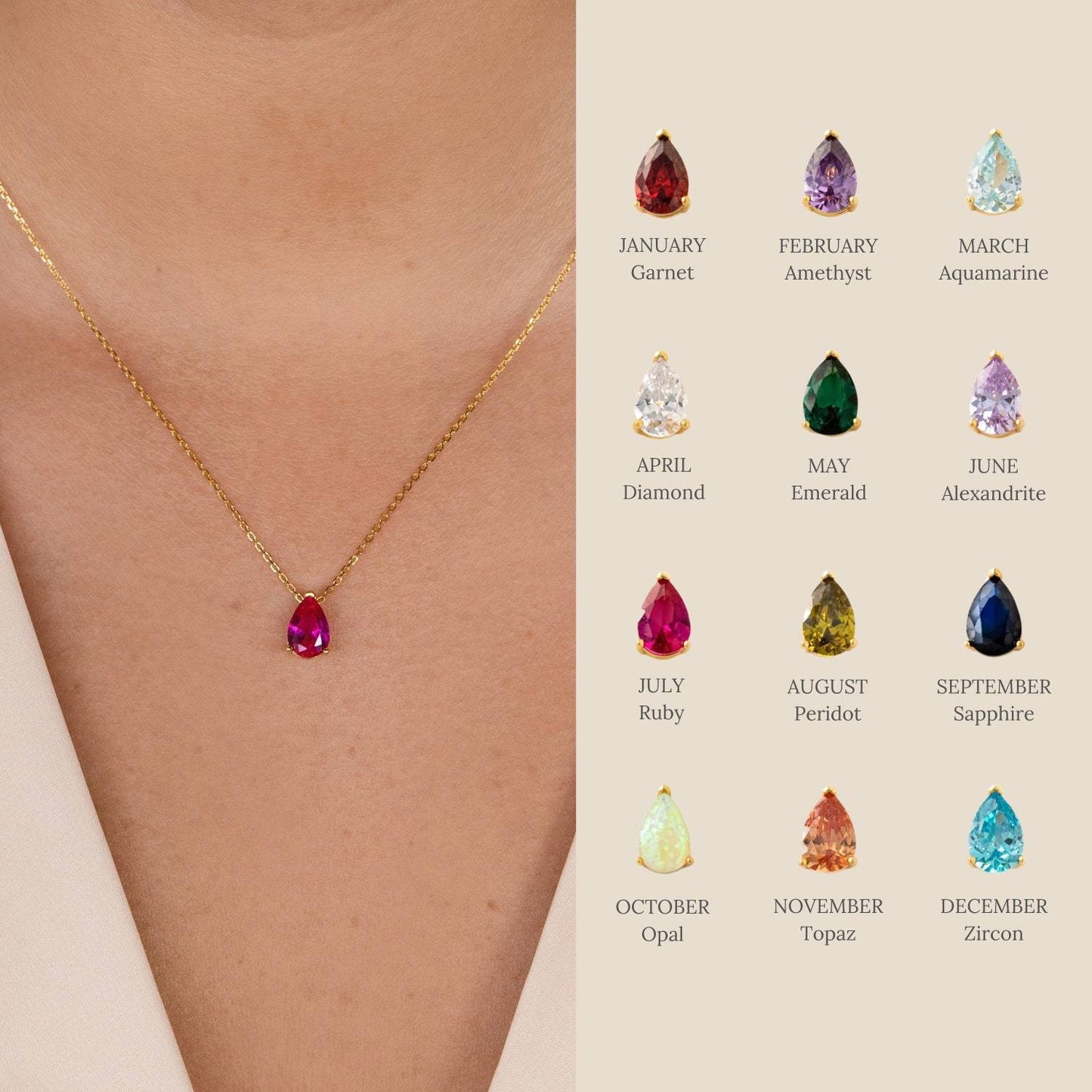 18K Gold Teardrop Birthstone Pendant Necklace