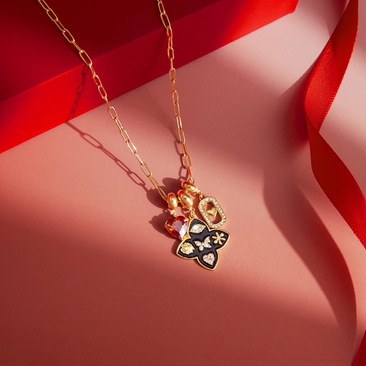 18K Gold Deep Romance Red Heart Pendant Butterfly Flower Charm Necklace