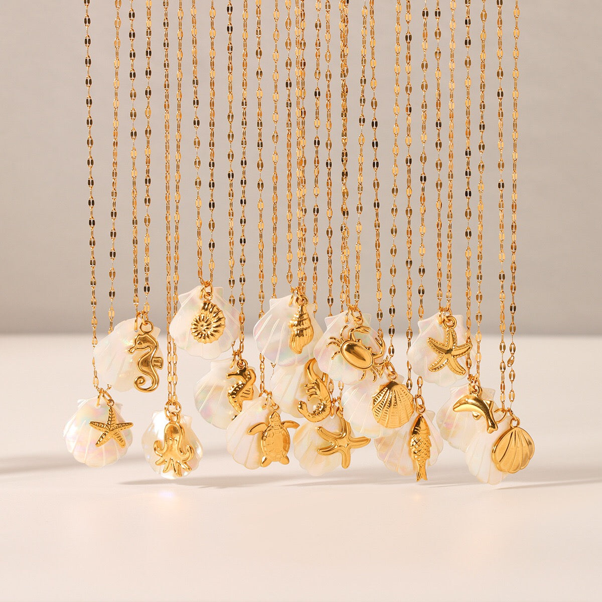 18K Gold Mother of Pearl Seashell Ocean Charm Pendant Necklace
