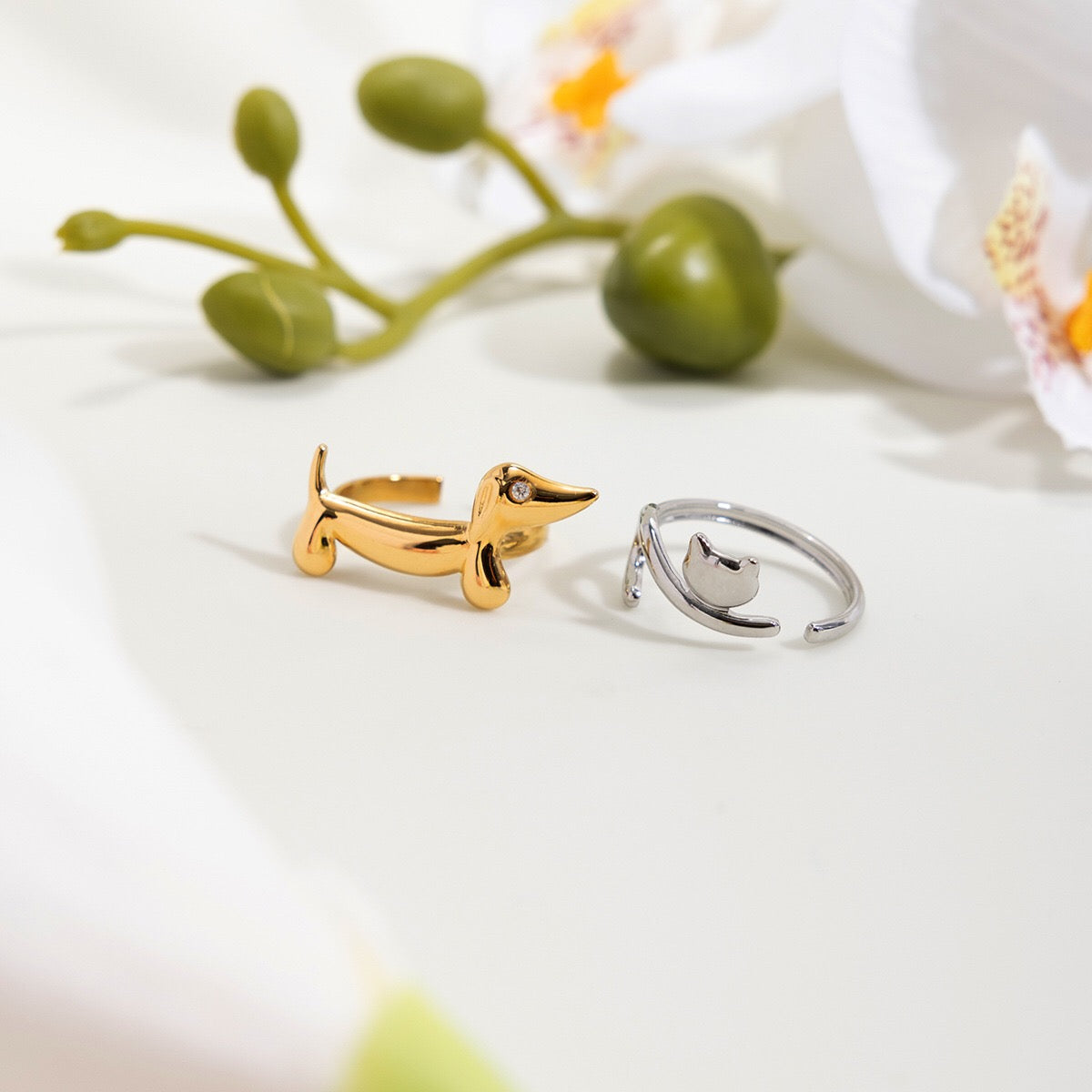 18K Gold Pet Lovers Cat and Dog Stacking Ring