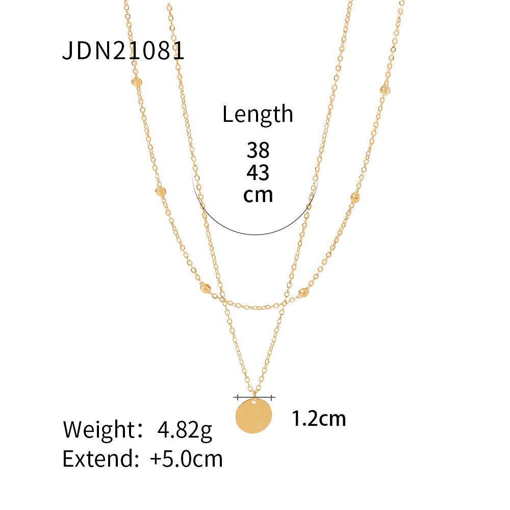 18K Gold Quiet Desire Disc Pendant Dainty Double Chain Layered Necklace