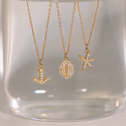18K Gold Ocean Sparkle Seashell Palm Tree Dainty Pave Pendant Necklace Jewelry Set