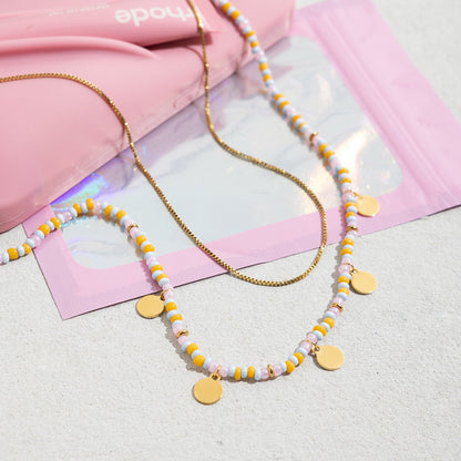 18K Gold Pastel Color Beaded Box Chain Layered Necklace Set