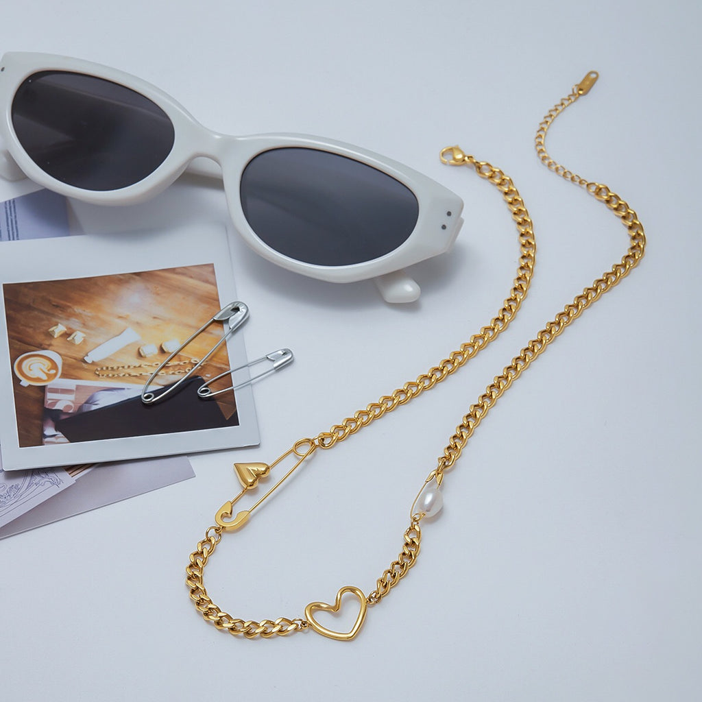 18K Gold Heart Safety Pin Pearl Cuban Curb Chain Necklace