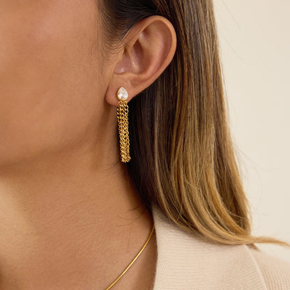 18K Gold Soft Sway Chain Drop Dangle CZ Stud Earrings