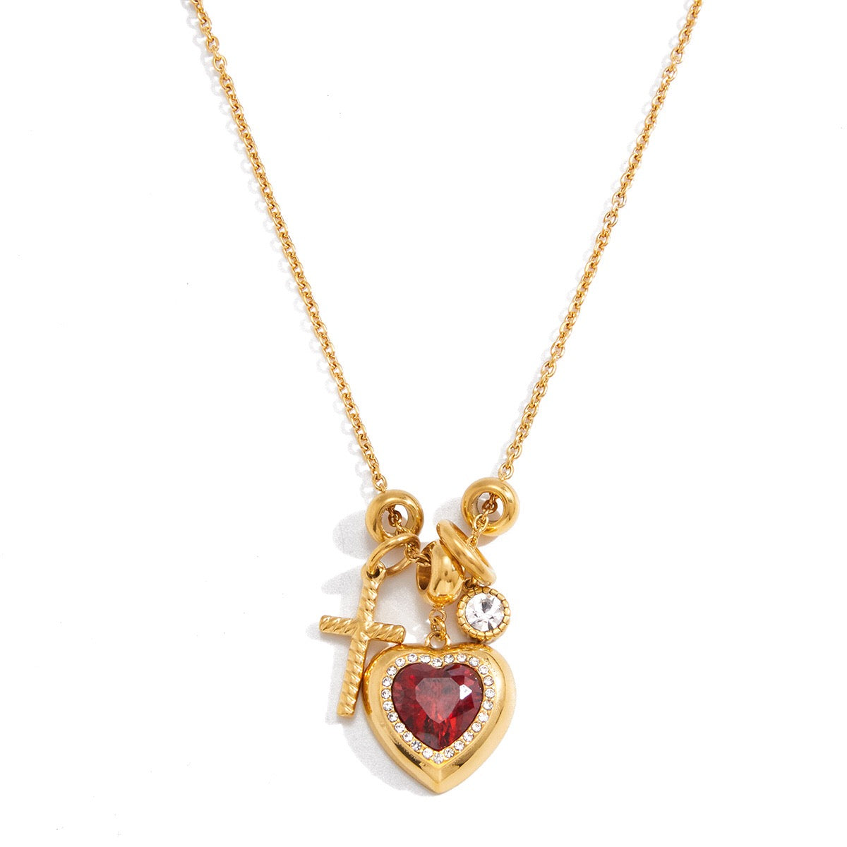 18K Gold Amour Red Heart Pendant Key Cross Charm Necklace