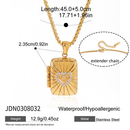 18K Gold Keepsake Heart Book Locket Pendant Box Chain Necklace