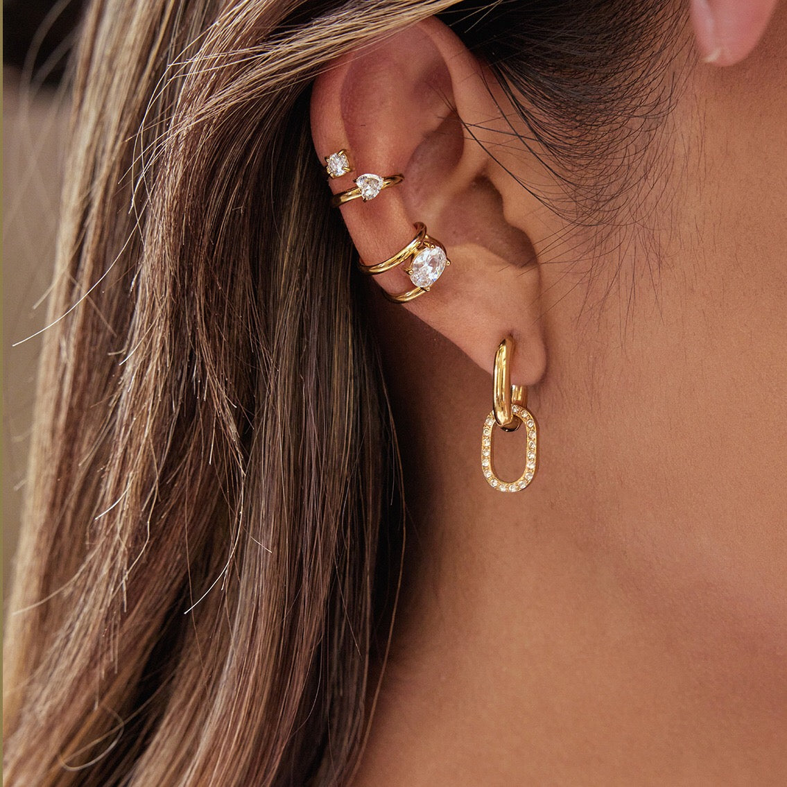 18K Gold Dazzle Huggie Dangle Earrings CZ Ear Cuffs Stack