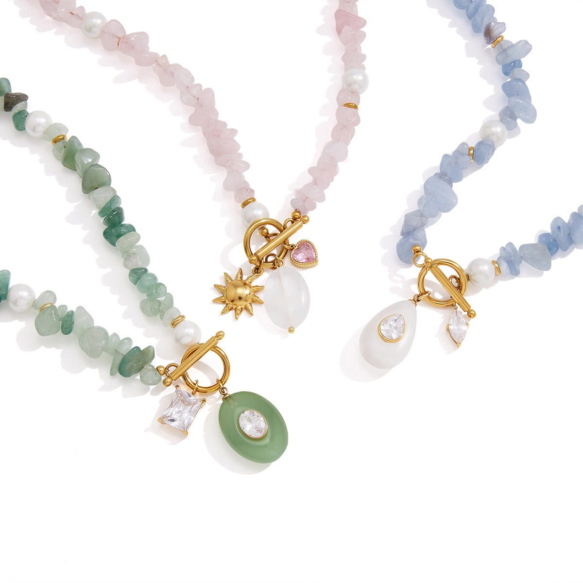 18K Gold Island Charm Natural Stone Beaded Necklace