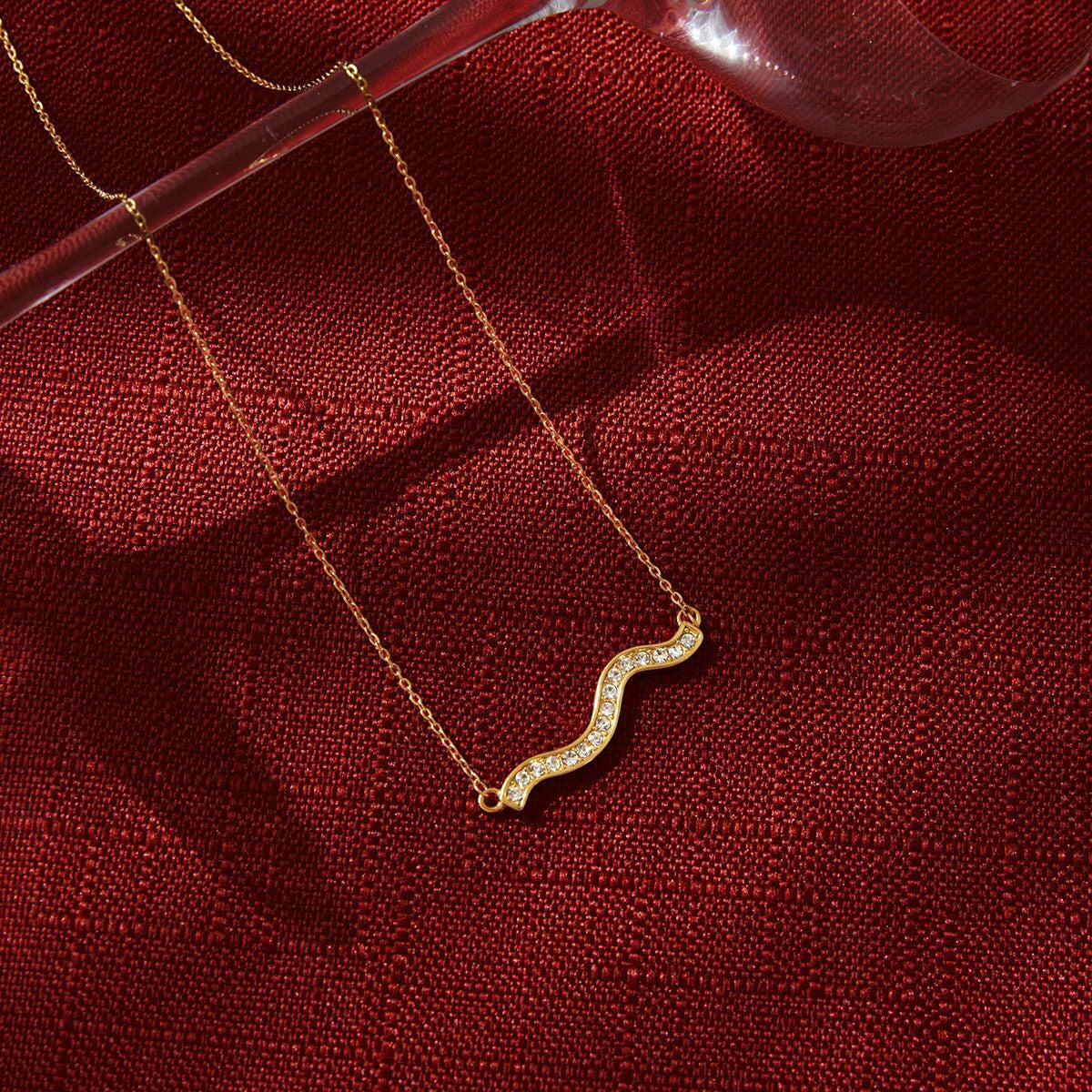18K Gold Ocean Sway Pave Wave Dainty Pendant Necklace
