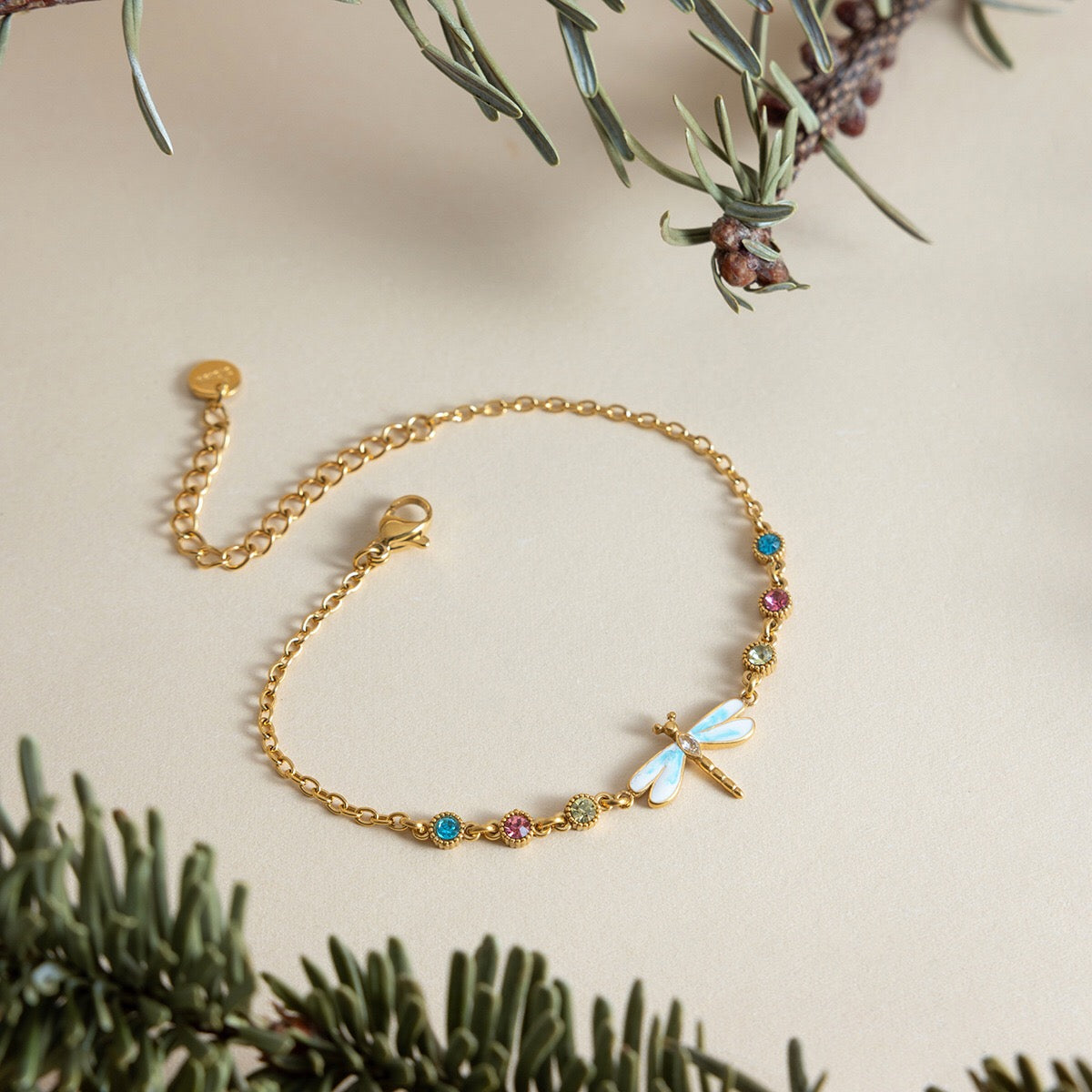 18K Gold Enchanted Garden Flower Dragonfly Butterfly Dainty Bracelet