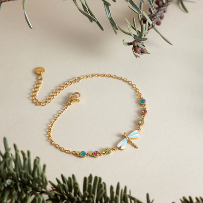 18K Gold Enchanted Garden Flower Dragonfly Butterfly Dainty Bracelet