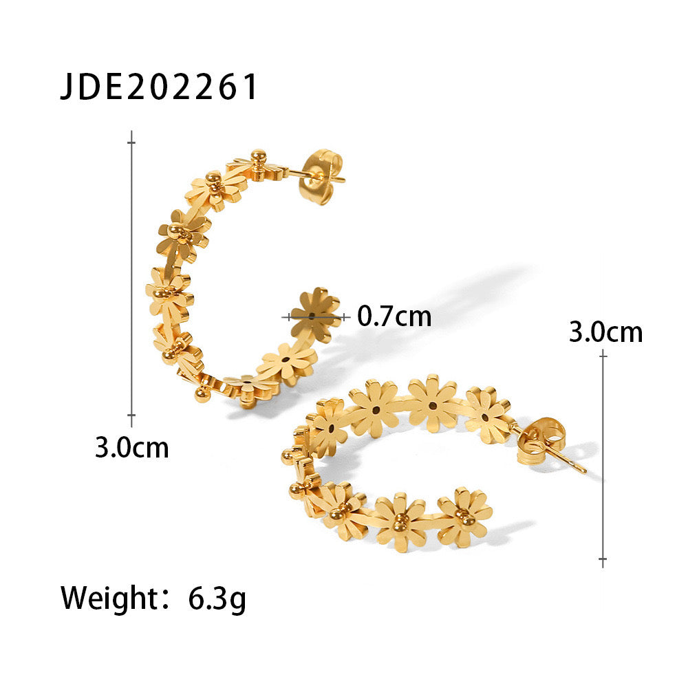 18K Gold Flower Blossom Hoop Huggie Earrings